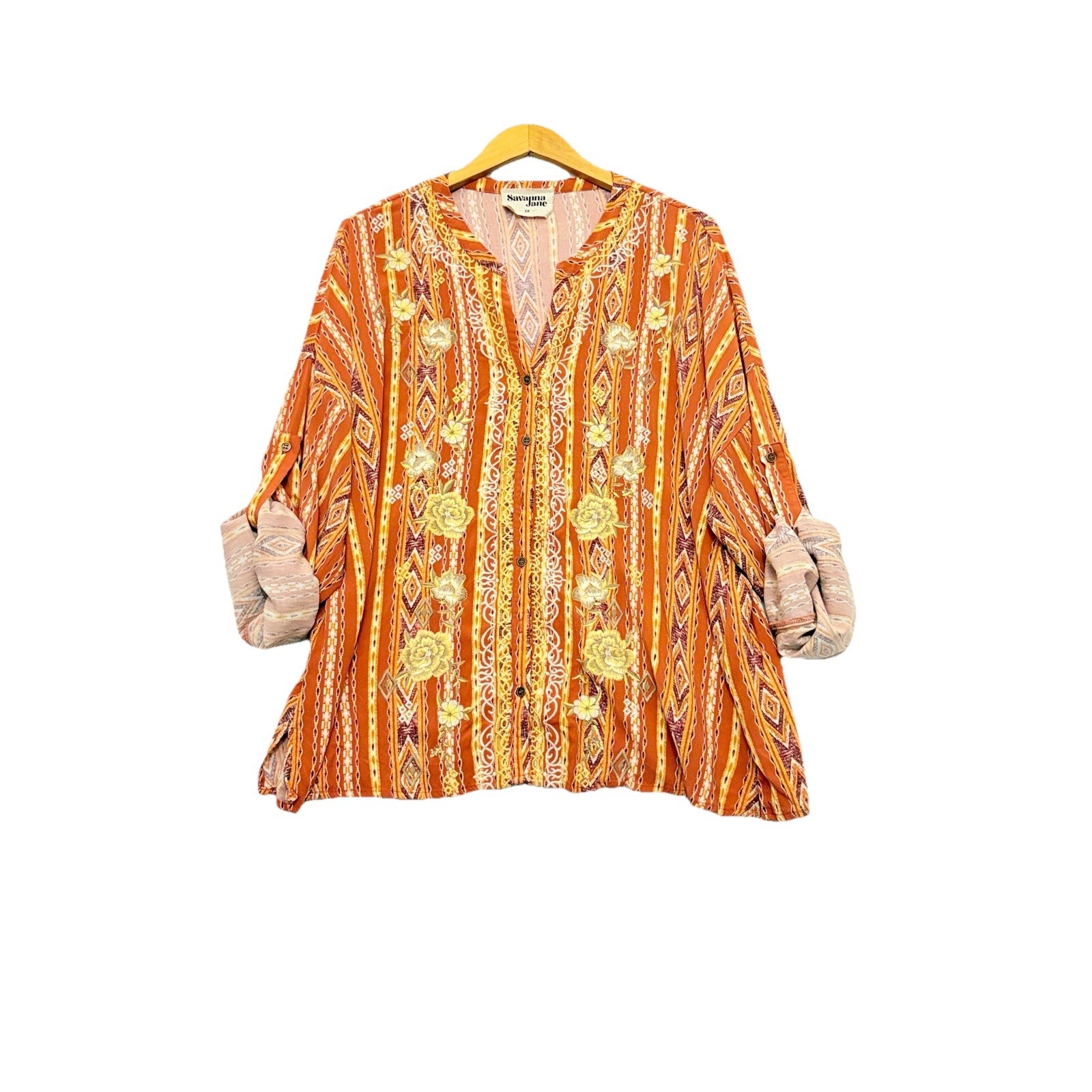 Savanna Jane 2x Embroidered Button Front Aztec Boho Peasant Blouse Artsy Ls